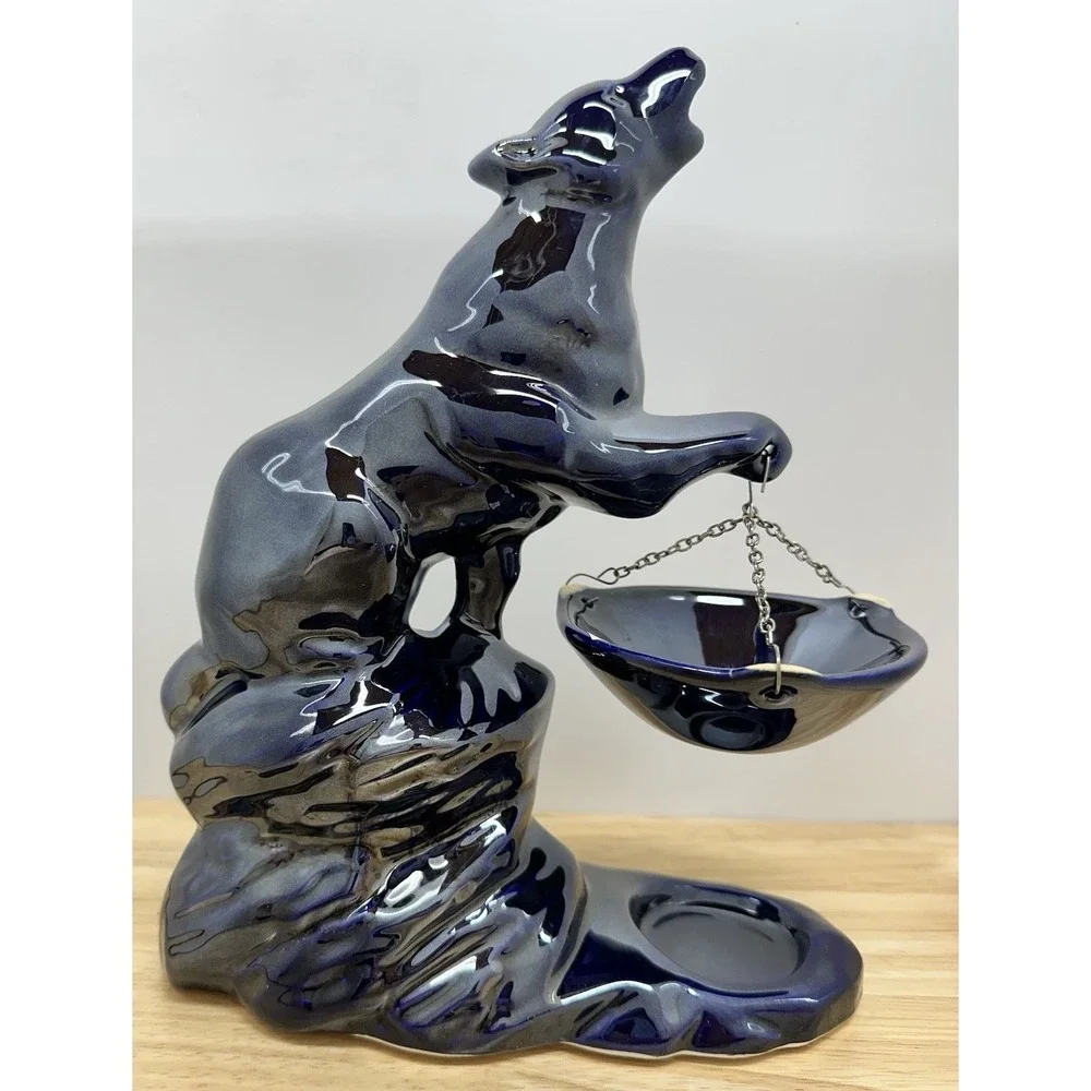 Ceramic Howling Wolf Metallic Iridescent Cobalt Blue Poland Candle Oil Warmer